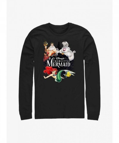Disney's Classic Little Mermaid Watercolor Design Men's Long Sleeve Black T-Shirt