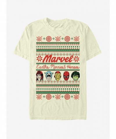 Marvel Ugly Christmas T-Shirt for Men - Merriest Avengers Heroes in Beige