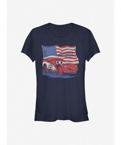 Disney Pixar Lightning McQueen Flag Girls Junior T-Shirt - Blue