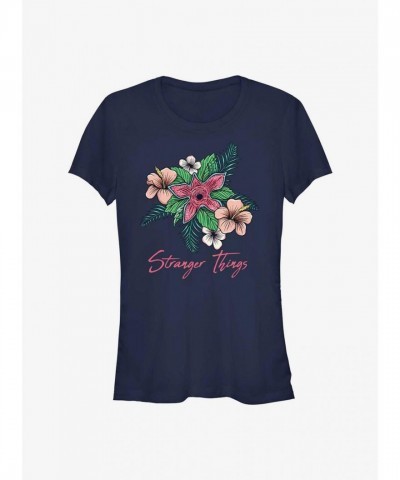 Stranger Things Hibiscus Tee for Girls - Navy Blue