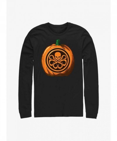 Marvel Hydra Skull Logo Long Sleeve T-Shirt - Black Cotton Men's
