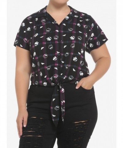 Monster High Dark Plaid Tie-Front Woven Button-Up Top for Women Plus Size
